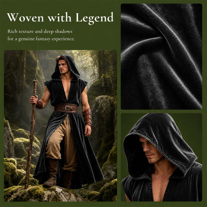 Mens Medieval Hooded Surcoat Renaissance Sleeveless Cloak for Halloween