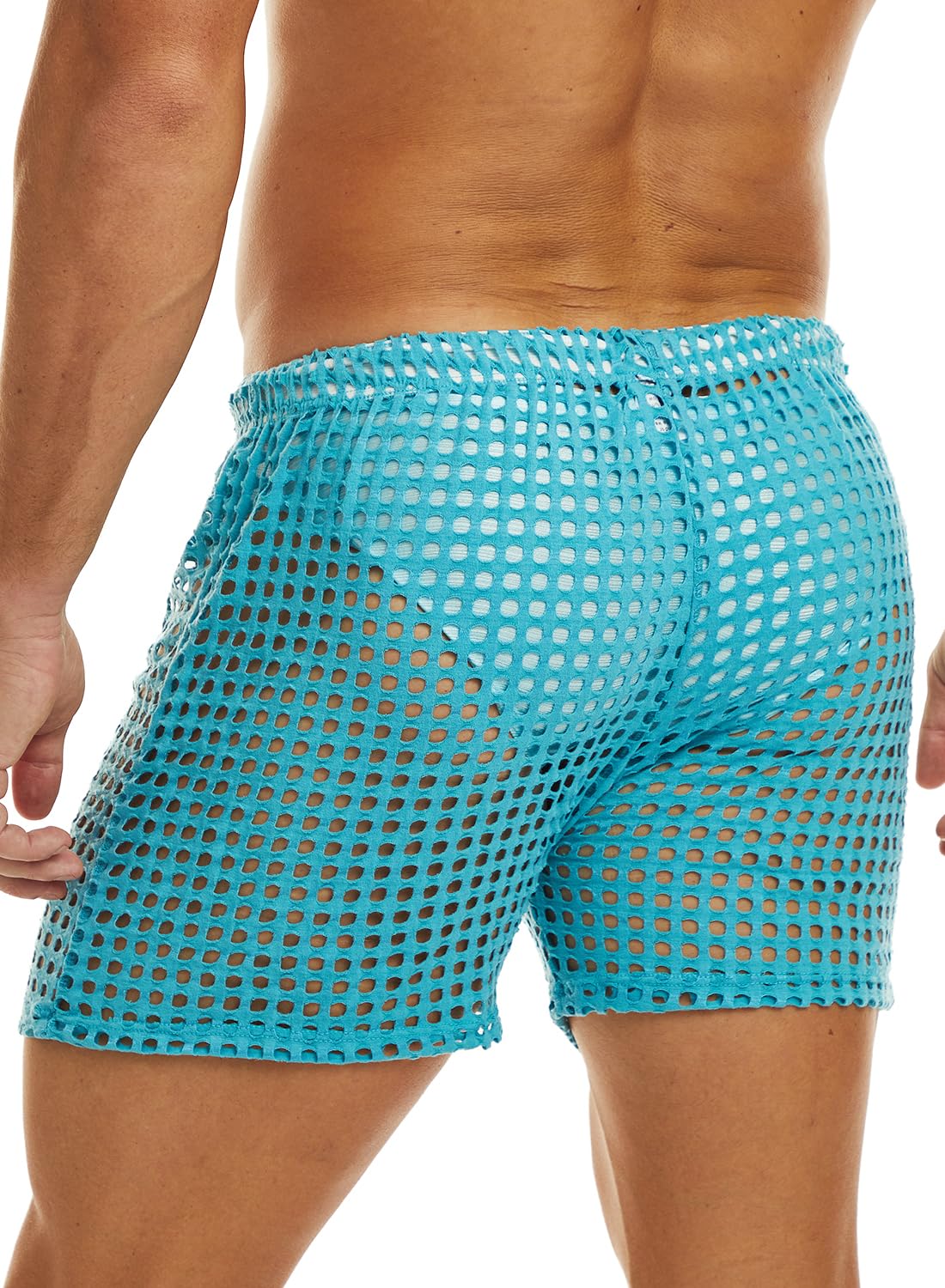 MIZOK Men's Hollow Openwork Short Sexy Fishnet See Through Boxer Shorts Lounge Swim Cover Blue L