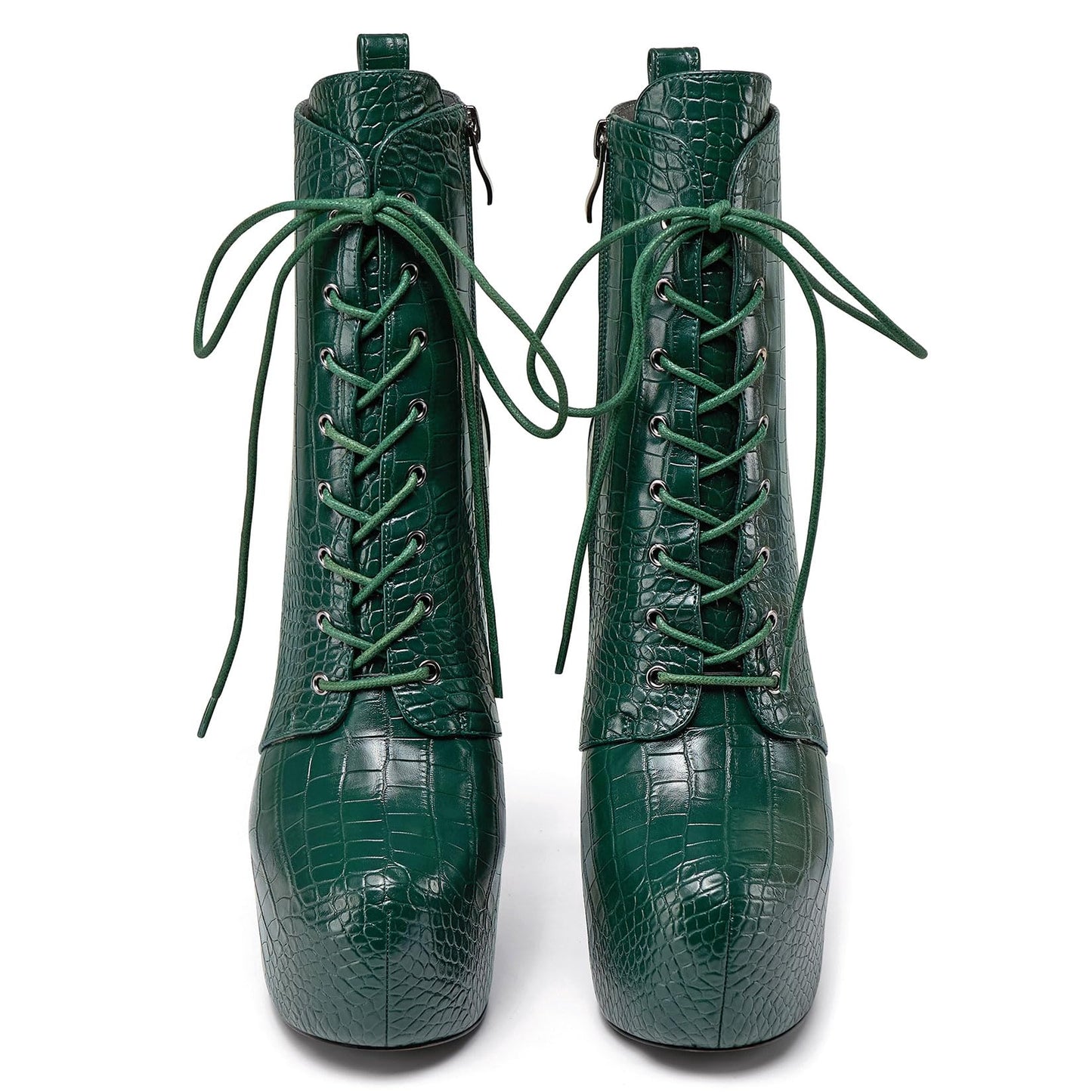 DearOnly Womens High Stiletto Platform Heel Dress Lace-up Close Round Toe Ankle Boots Short Bootie Cute Office Prom Boots 5.9 Inches Heels Deep Green 7 M US