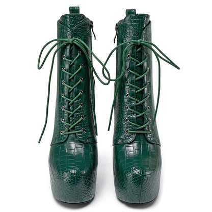 DearOnly Womens High Stiletto Platform Heel Dress Lace-up Close Round Toe Ankle Boots Short Bootie Cute Office Prom Boots 5.9 Inches Heels Deep Green 7 M US