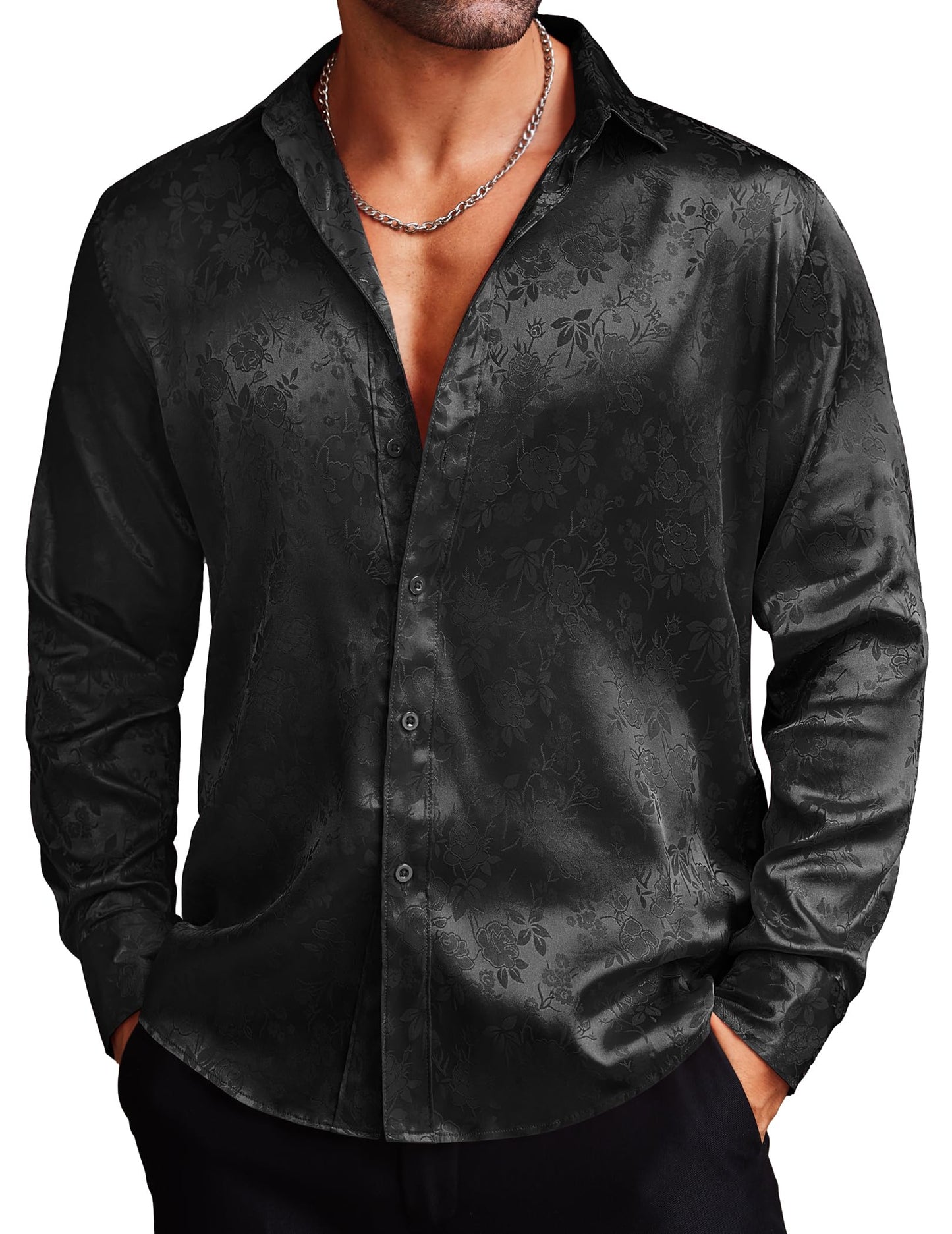 COOFANDY Mens Floral Rose Printed Long Sleeve Dress Shirts Prom Wedding Party Button Down Shirts (Black)