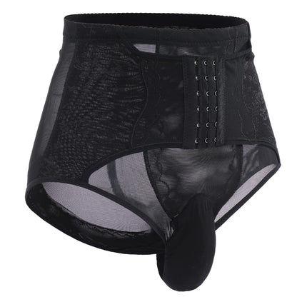 Men's Tummy Control Shapewear Underwear High Waist Body Shaper Slimming Girdle Waist Trainer Corset Lace Briefs Crossdress Lingerie Black X-Large(US Medium)