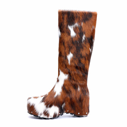 XOBZJH Women’s Wide Calf Cowgirl Boots – Handmade Knee-High Country Cowboy Winter Boots with Genuine Calf Hair, Shearling Lining & Platform Sole, Retro Western Style