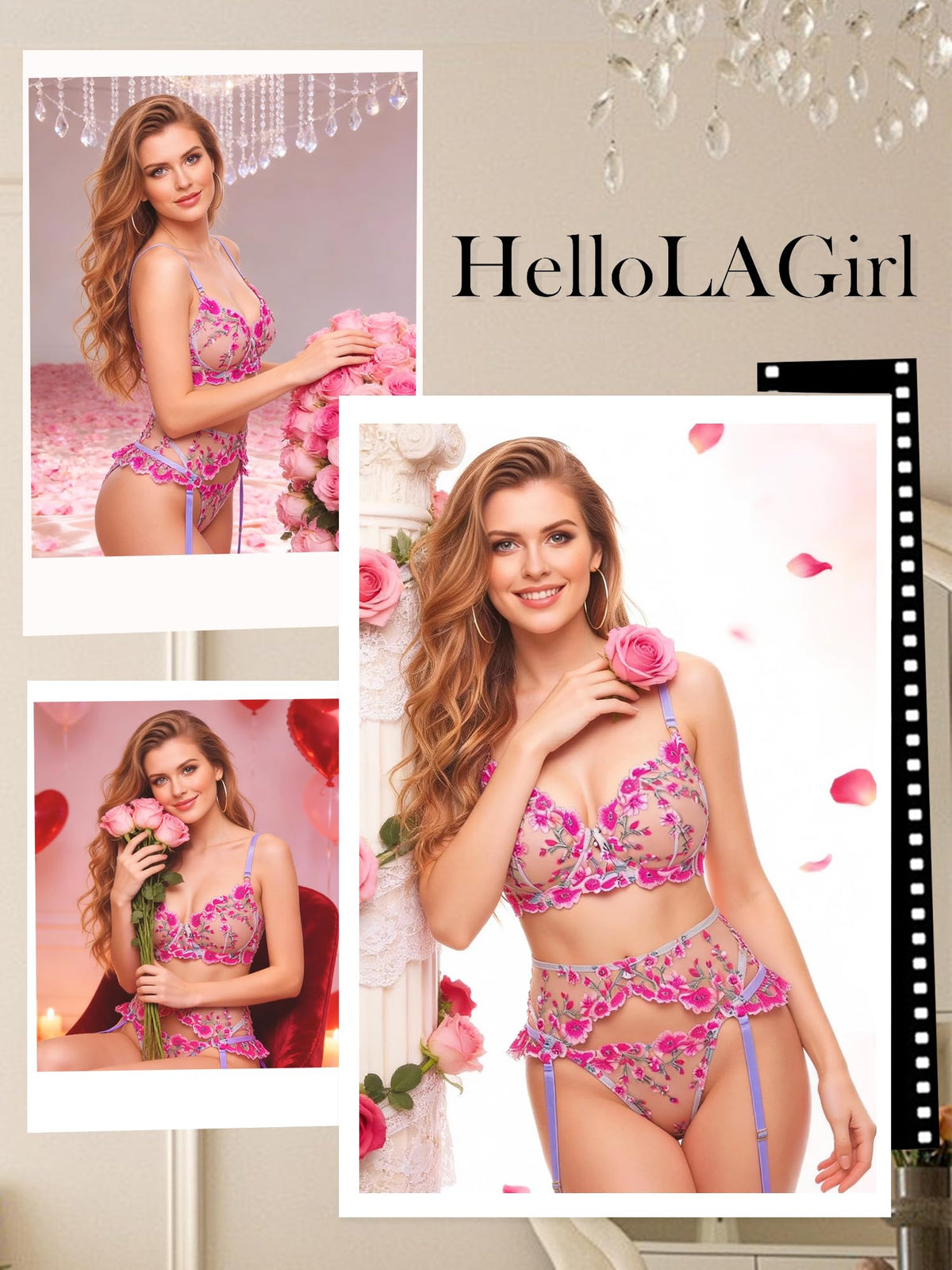 Lingerie Set Floral Embroidery with Garter Belt Pink