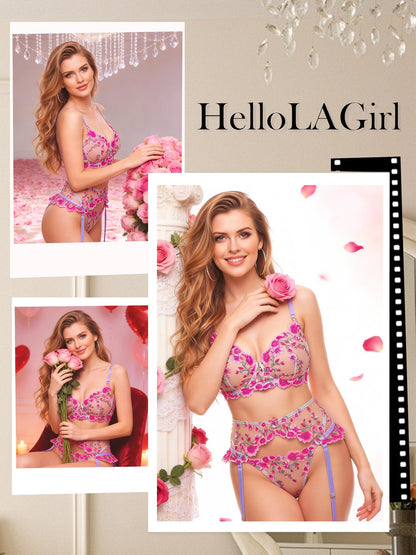 Lingerie Set Floral Embroidery with Garter Belt Pink