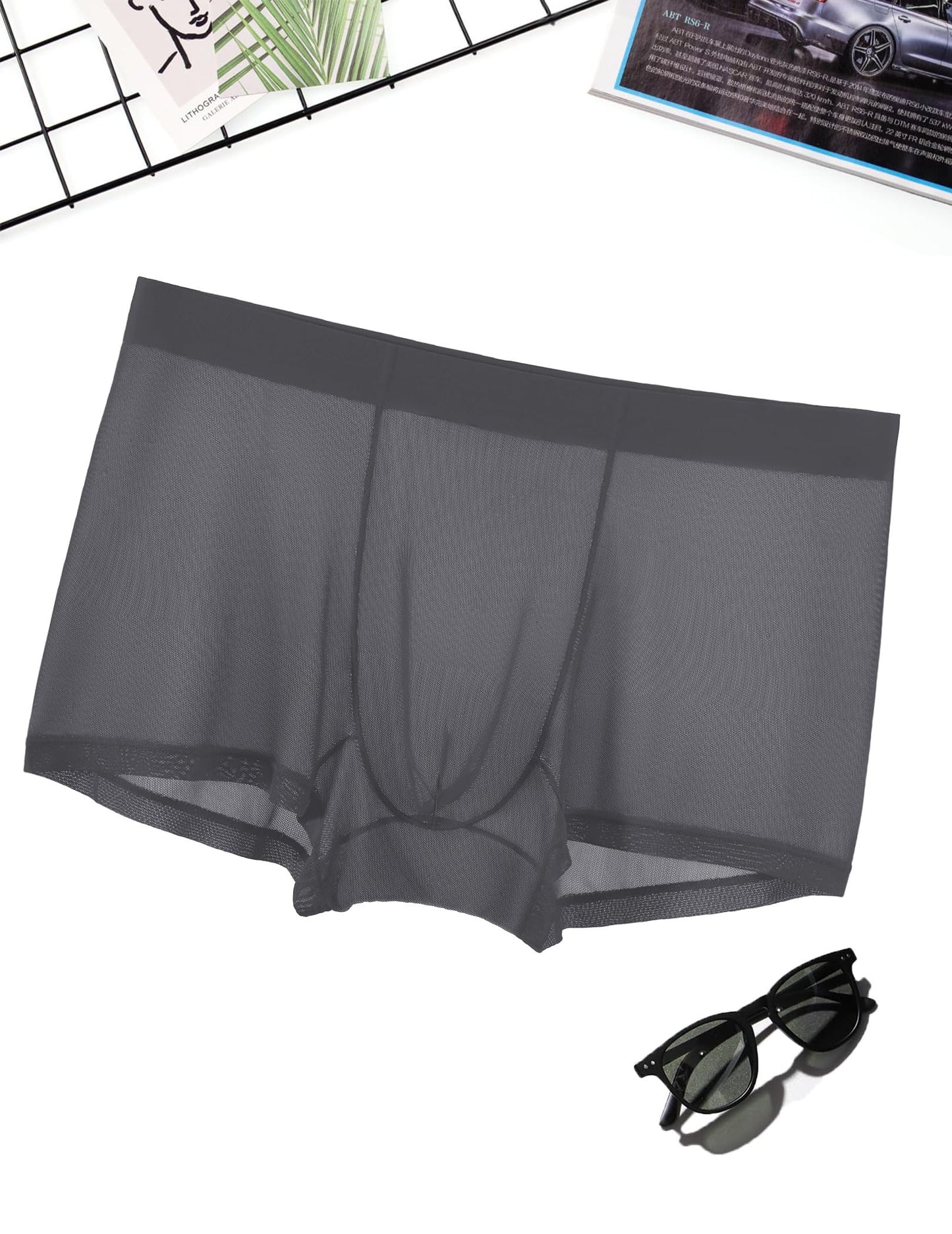 Avidlove Mens Underwear Trunk Breathable Mesh Boxer Briefs Sexy Lingerie Boxer Shorts for Men Grey XL