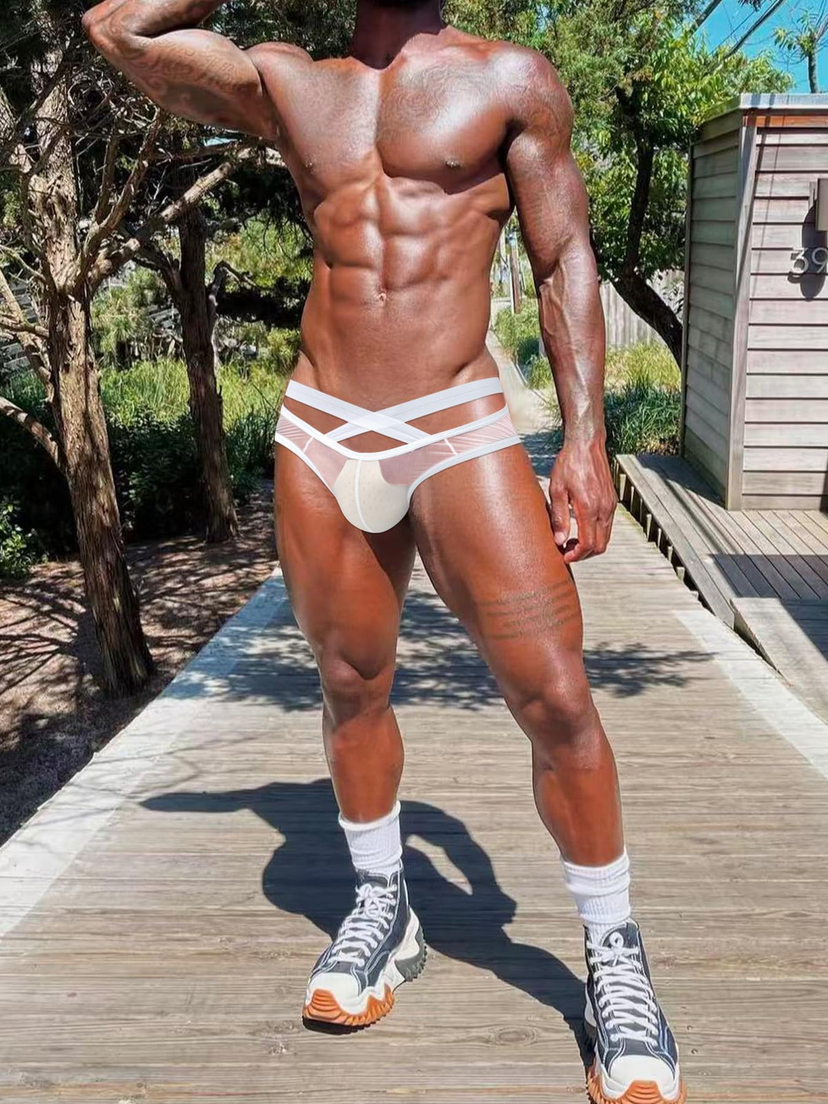 Men's Sheer Mesh Bikini Briefs, White,XL