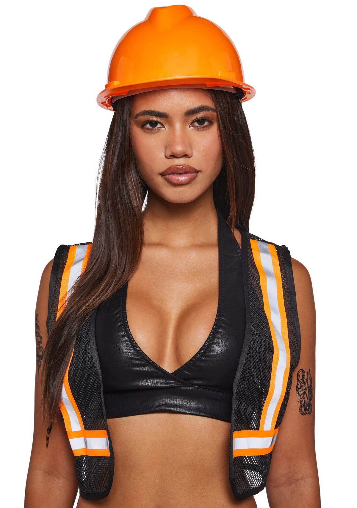 Dolls Kill Construction Worker Costume by Trickz N’ Treatz – Faux Leather Crop Top with Safety Vest, Tool Belt & Hard Hat, X-Small