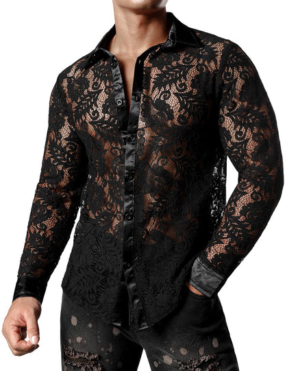 JOGAL Men's See Through Flower Lace Sheer Blouse Long Sleeve Button Down Shirts Black Large