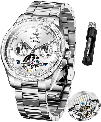 OUPINKE Automatic Men's Watch Diamond Skeleton Self Winding Mechanical Luxury Business Watch Sapphire Crystal Waterproof Luminous