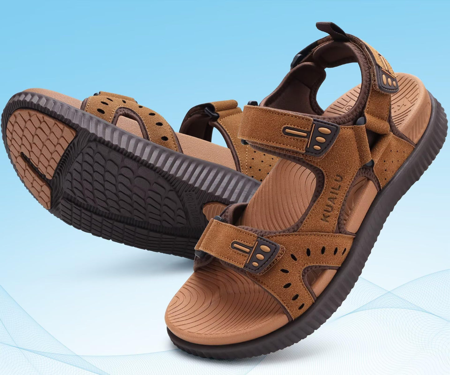 KuaiLu Mens Leather Hiking Sandals With Arch Support Orthopedic Sport Recovery Athletic Walking Sandals For Man Outdoor Summer Casual Thick Cushion Beach Water Fisherman Sandal, size 9 Khaki Brown