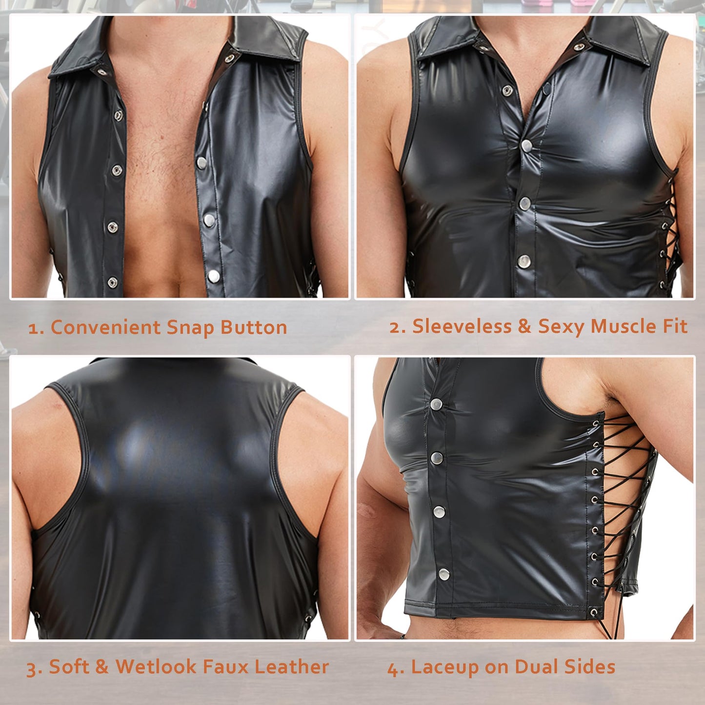 YUFEIDA Men's Faux Leather Undershirts Button Laceup Sleeveless Tank Tops Muscle Fit Waistcoat Tops Fashion Undershirts
