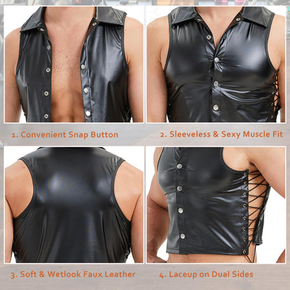YUFEIDA Men's Faux Leather Undershirts Button Laceup Sleeveless Tank Tops Muscle Fit Waistcoat Tops Fashion Undershirts