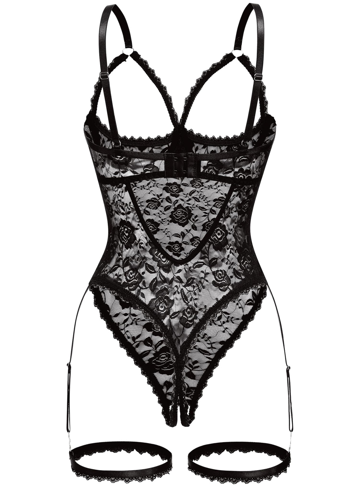 Women Sexy Floral Lace Teddy Lingerie Garter Belt Backless Bodysuit Set