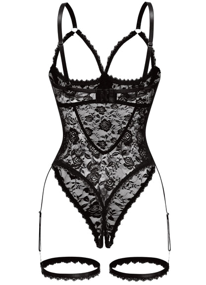 Women Sexy Floral Lace Teddy Lingerie Garter Belt Backless Bodysuit Set