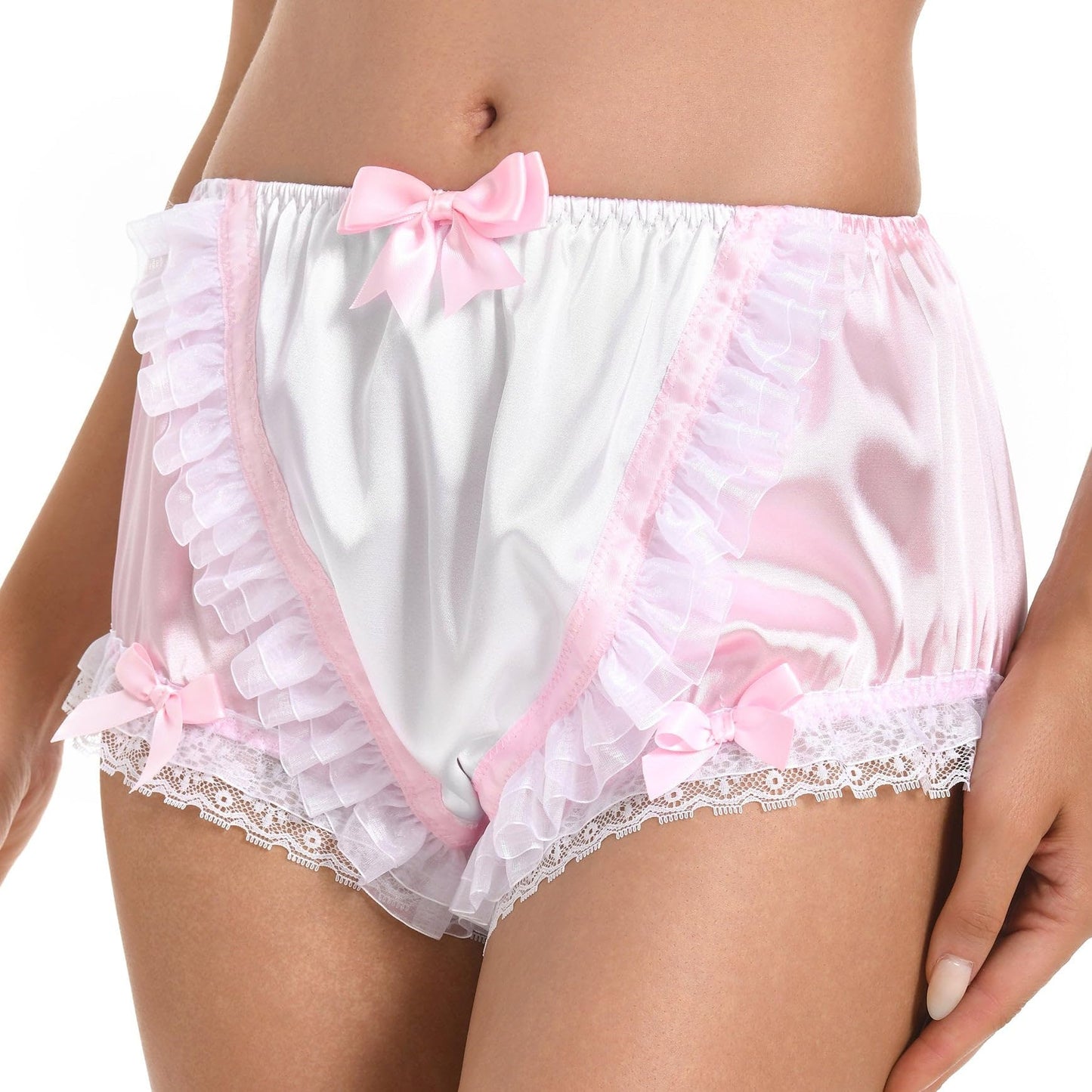 Satini Frilly Lace Sissy Silky Satin Full Coverage Adult Diaper Cover Briefs Lingerie Underwear Panties (Baby Pink - White, XXL)