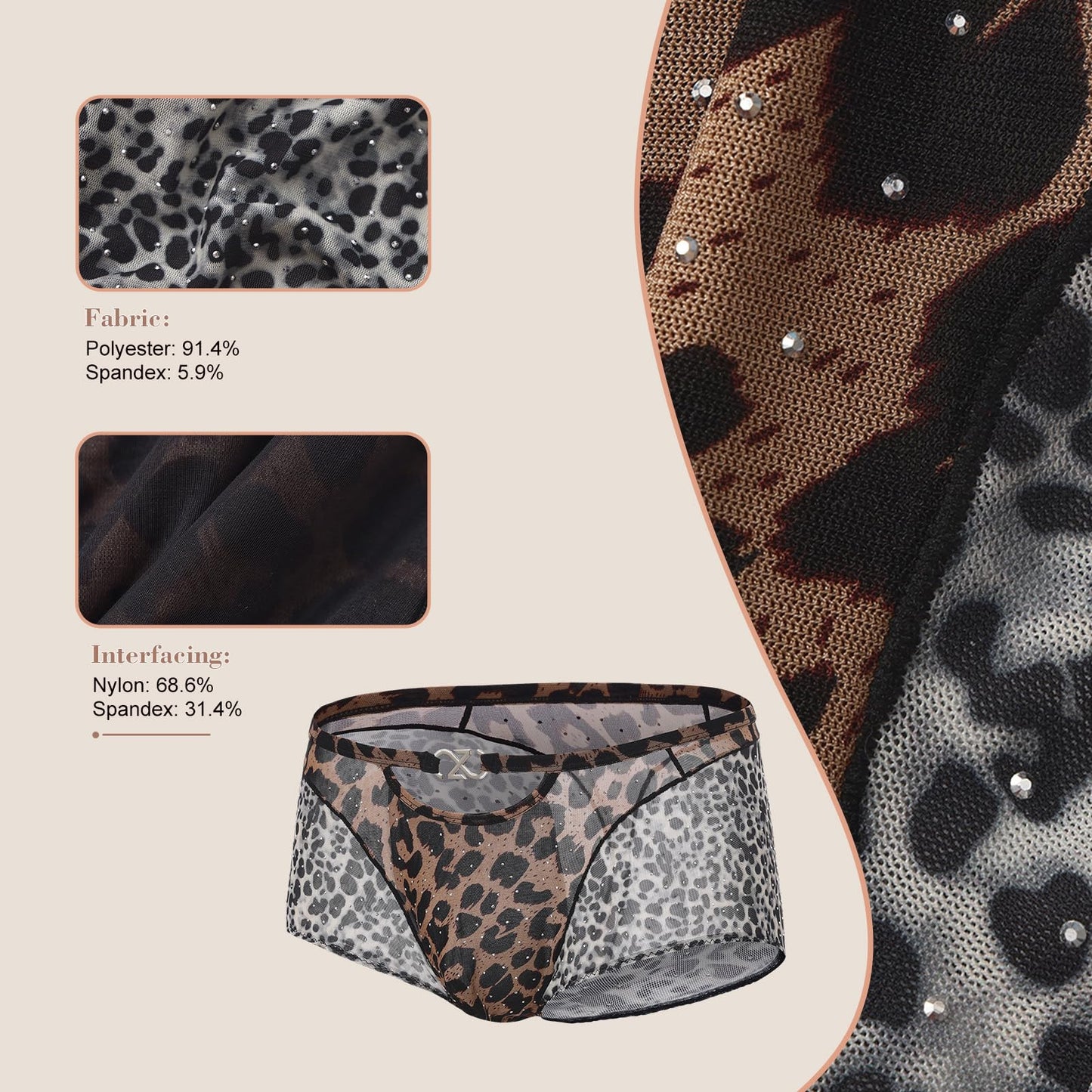 BSZN Men's Boxer Briefs, Brown Gray Leopard Print