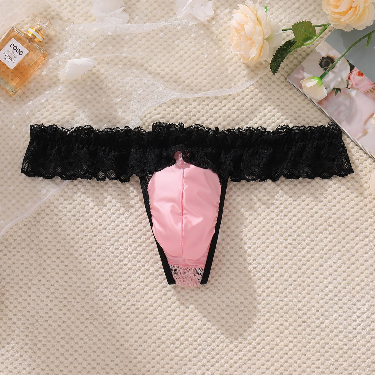Men's Lace Ruffle Thong Low Rise G-string Smooth Pouch Pink