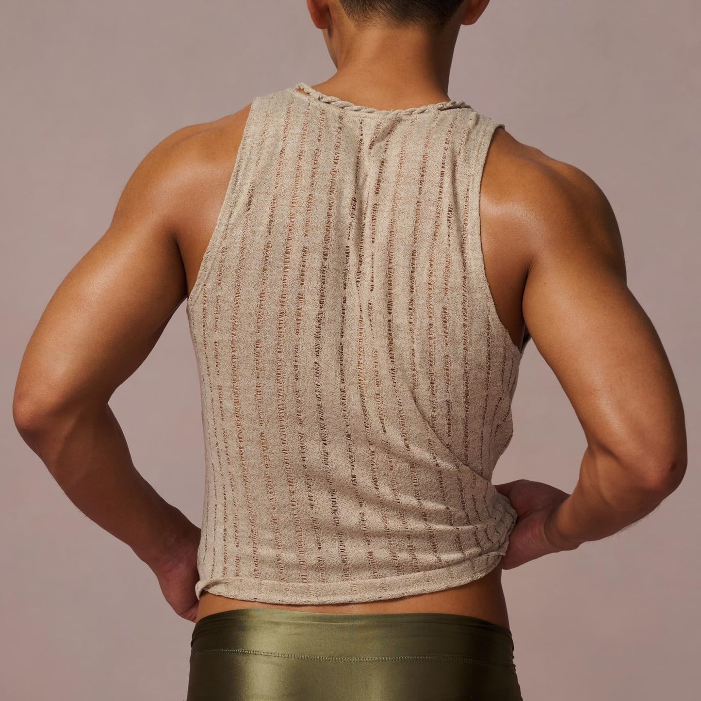 BSZN Men's Sexy Tank Top, Khaki Distressed Mesh Sailor Style Hand Braided Neckline Slim Fit Low Cut Sheer Wasteland Shirt from L-Siren's Elegy Collection