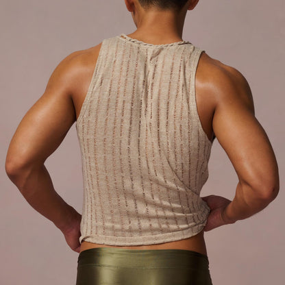 BSZN Men's Sexy Tank Top, Khaki Distressed Mesh Sailor Style Hand Braided Neckline Slim Fit Low Cut Sheer Wasteland Shirt from L-Siren's Elegy Collection