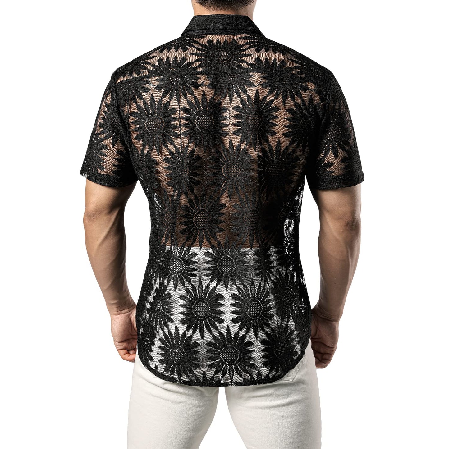 JOGAL Mens Floral Lace Shirt See Through Casual Button Down Shirts Dull Black X-Large