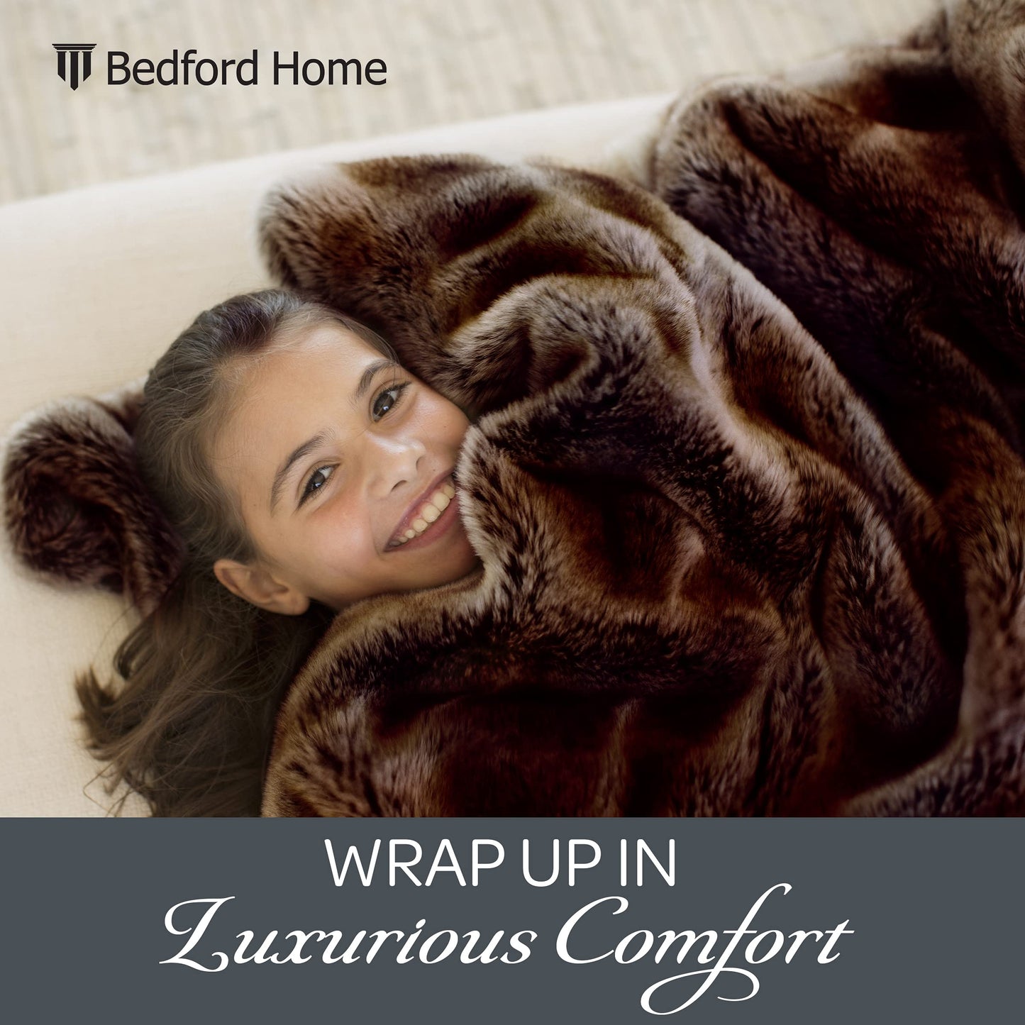 Faux Fur Throw - Luxurious, Hypoallergenic Premium Zobel Faux Marten Sable Fur Blanket with Plush Mink Back and Gift Box, 60x70” by Bedford Home (Amber Brown)
