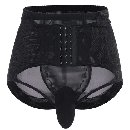 Men's Tummy Control Shapewear Underwear High Waist Body Shaper Slimming Girdle Waist Trainer Corset Lace Briefs Crossdress Lingerie Black X-Large(US Medium)