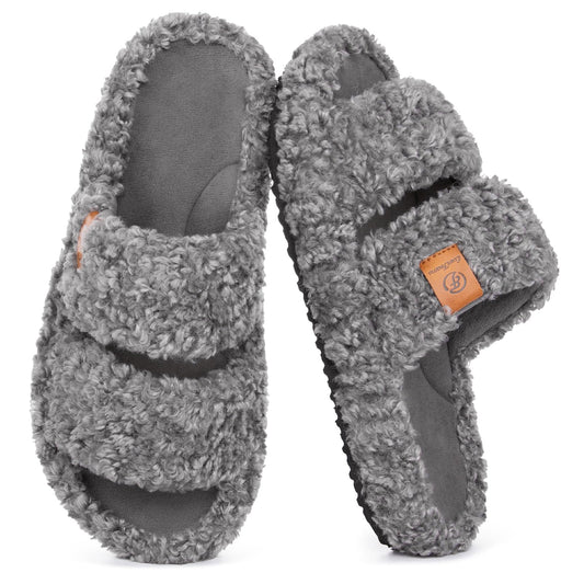EverFoams Womens Fuzzy Open-toe Slippers Indoor Cool Gray,7-8 US