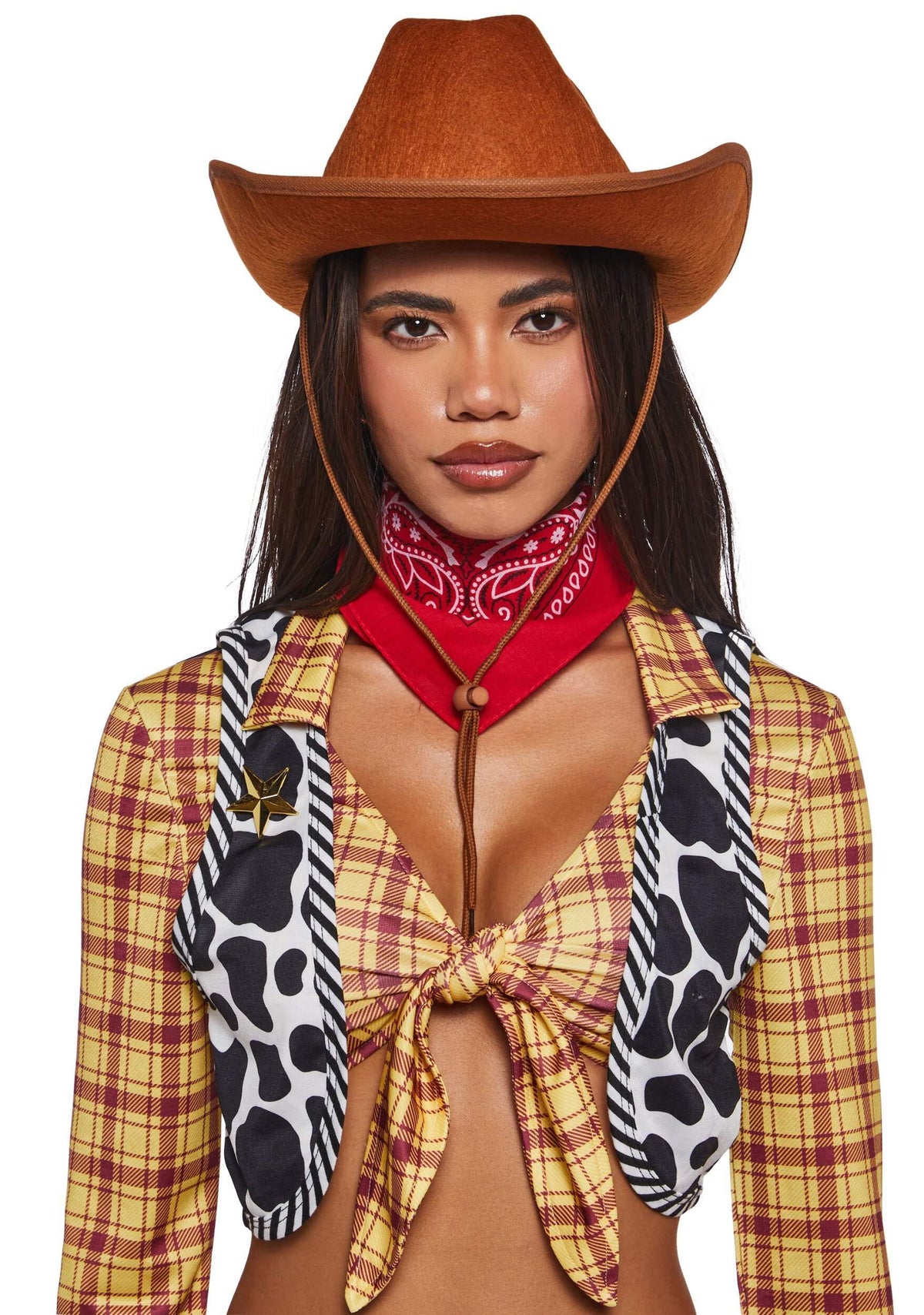 Dolls Kill Toy Cowboy Costume by Trickz N’ Treatz – Women’s Plaid Crop Top, Shorts, Belt, Bandana & Hat Set, X-Large