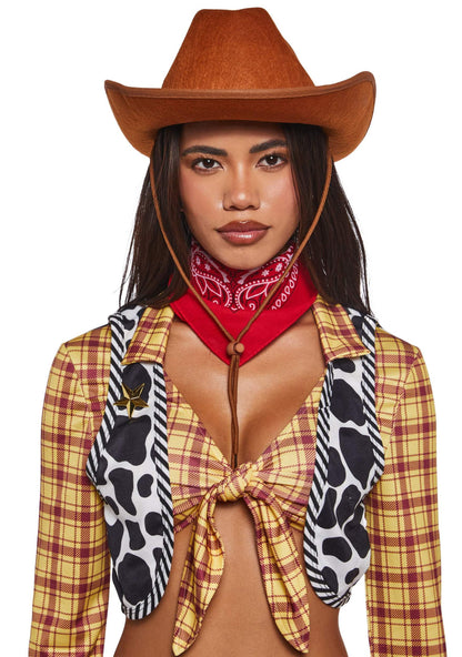 Dolls Kill Toy Cowboy Costume by Trickz N’ Treatz – Women’s Plaid Crop Top, Shorts, Belt, Bandana & Hat Set, X-Large