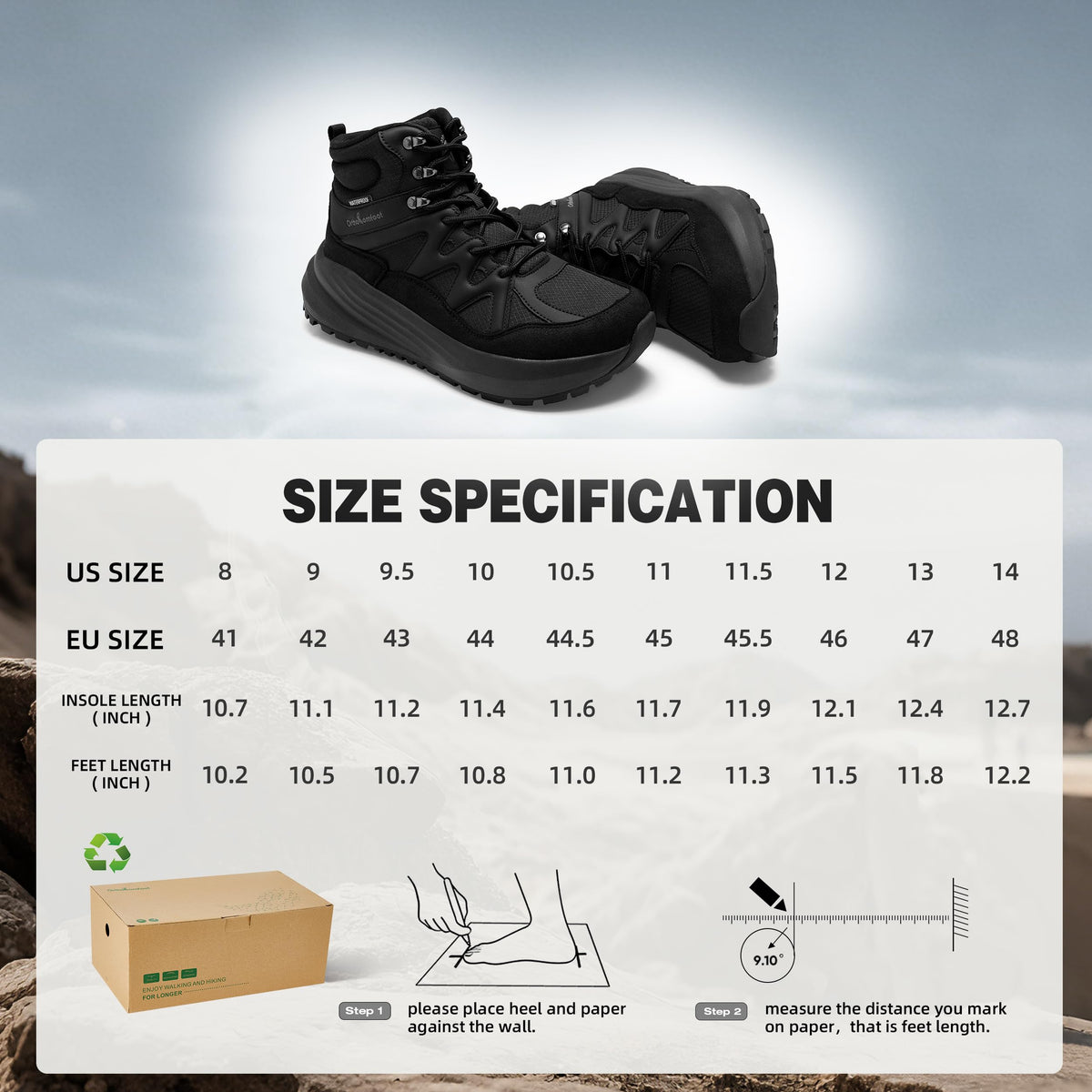 OrthoComfoot Men's Orthopedic Wide Waterproof Hiking Boots: Arch Support Plantar Fasciitis Ankle Support Mid Trekking Boots, Orthotic Non Slip Trail Shoes for Foot & Heel Pain Relief, Black, Size 12