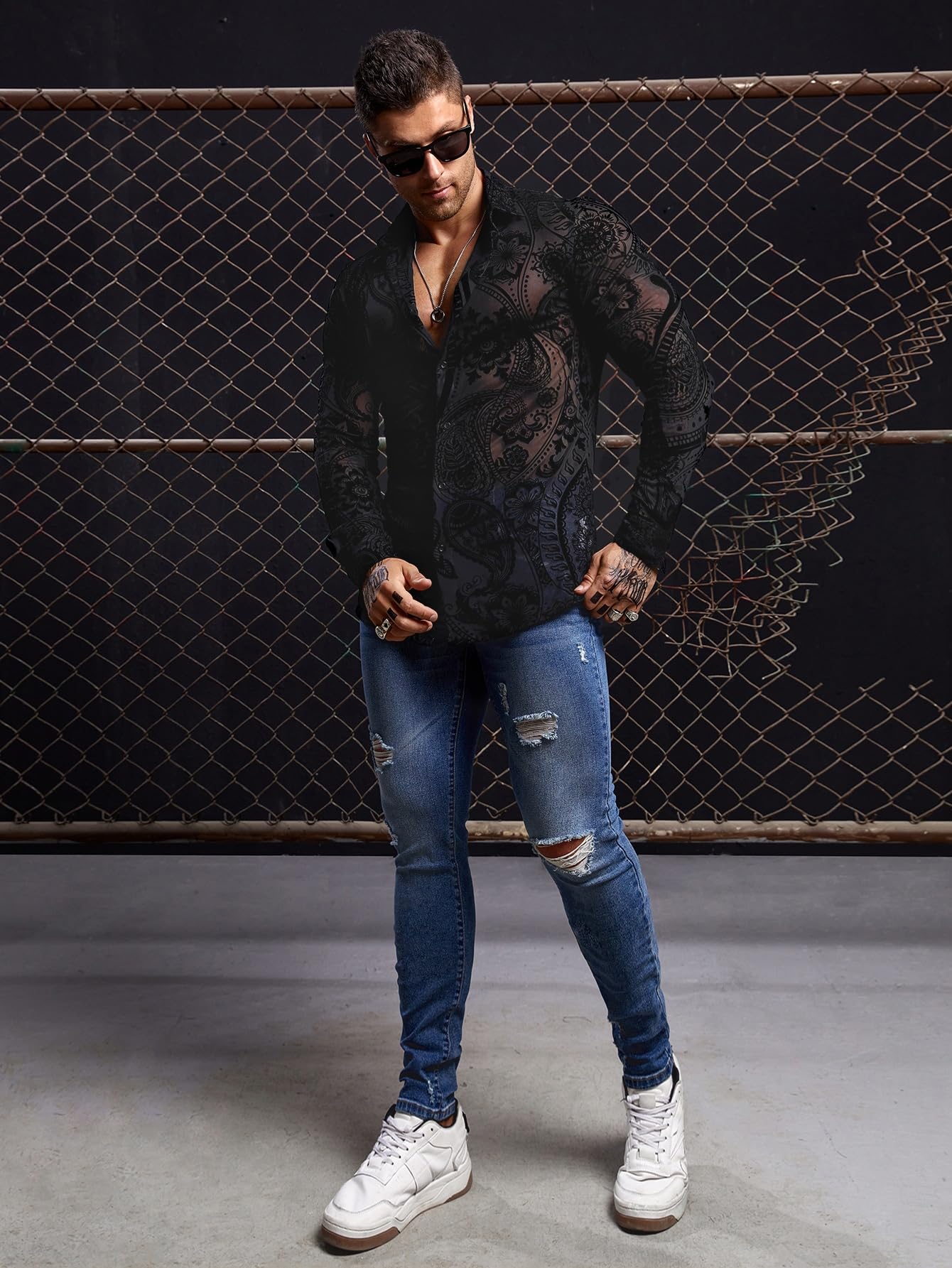 WDIRARA Men's Floral Paisley Print Mesh Button Down See Through Slim Fit Party Shirt Top Tee Black M