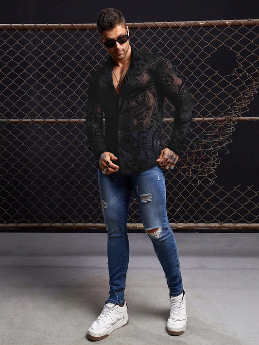 WDIRARA Men's Floral Paisley Print Mesh Button Down See Through Slim Fit Party Shirt Top Tee Black M