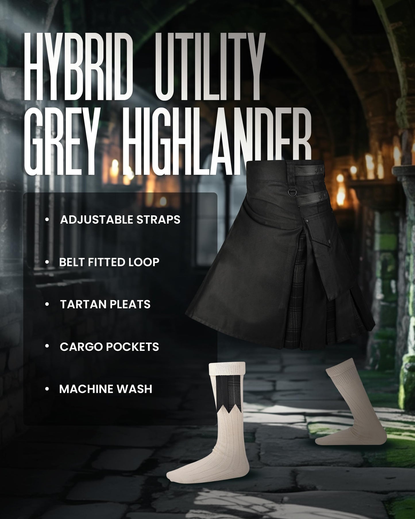 Hybrid Utility Kilts for Men Scottish Traditional Kilt with Flashes (US, Numeric, 34, 36, Regular, Regular, Gray Highlander)