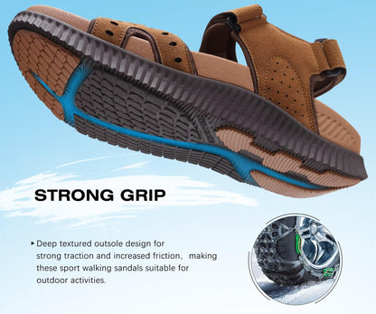 KuaiLu Mens Leather Hiking Sandals With Arch Support Orthopedic Sport Recovery Athletic Walking Sandals For Man Outdoor Summer Casual Thick Cushion Beach Water Fisherman Sandal, size 9 Khaki Brown