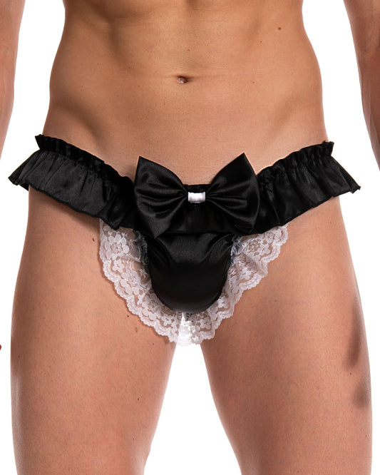 Satini Men's Satin Ruffle Bow Thong Sissy Knickers Briefs Jockstrap Panties (Black, XXL)
