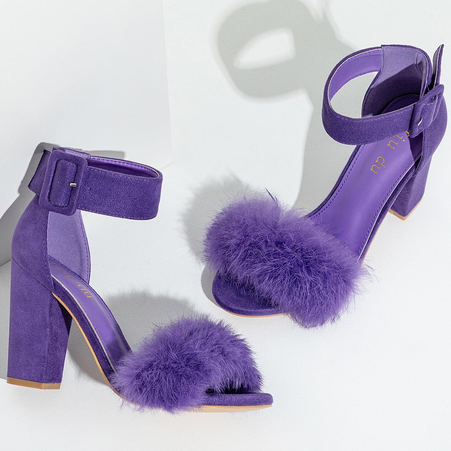 Women's Faux Fur Block Heels Ankle Strap Open Toe Sandals