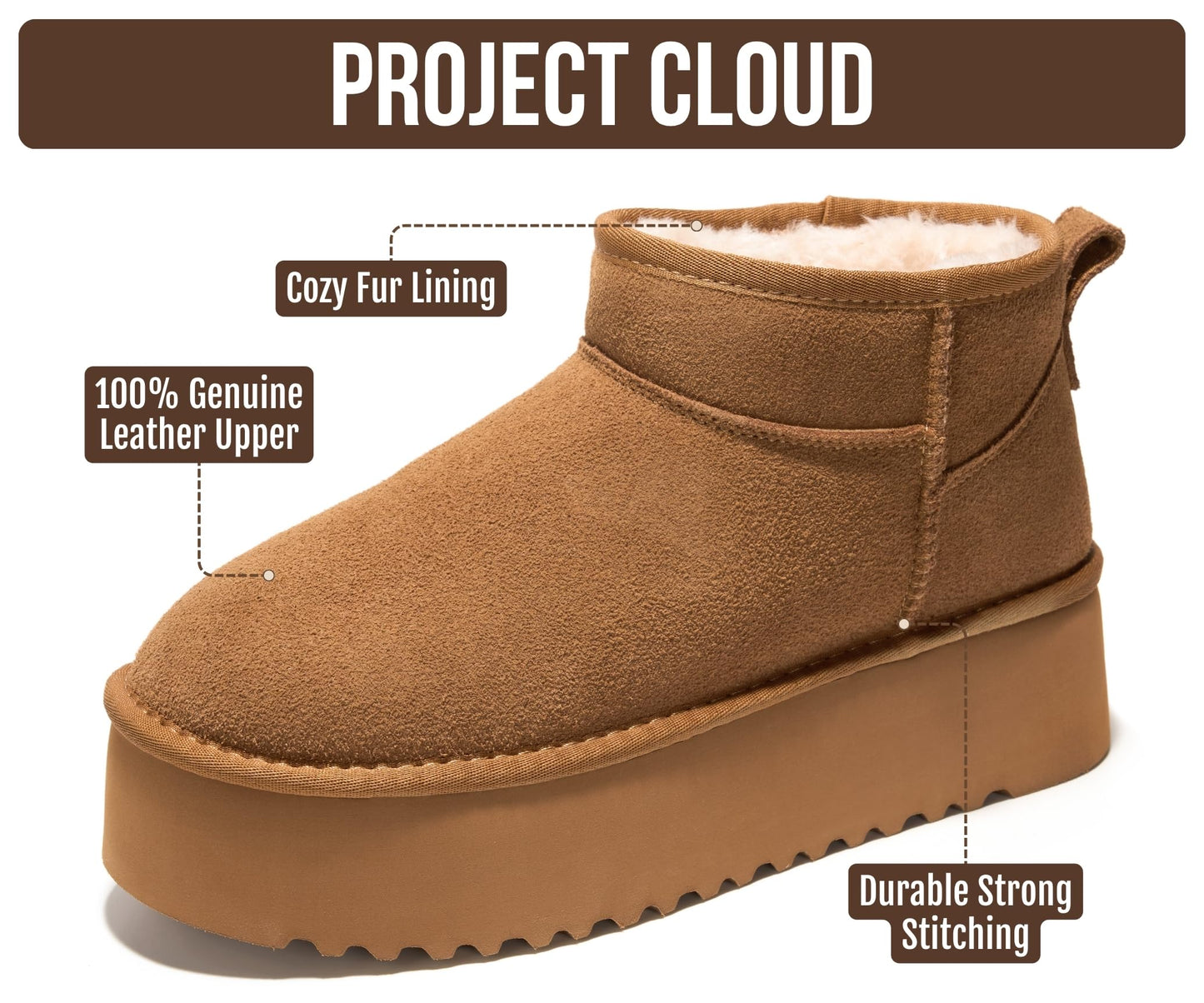 Project Cloud 100% Genuine Leather Platform Ankle Boots for Women