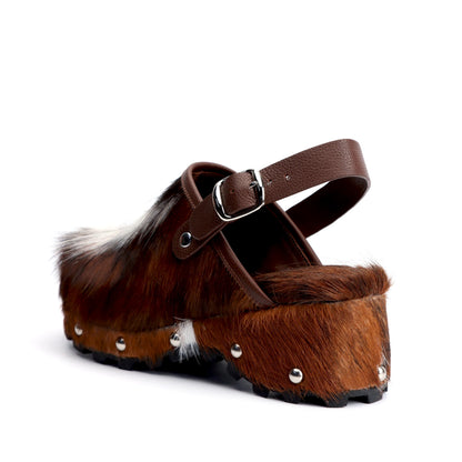 XOBZJH Women's Luxury Natural Cowhide Hair Platform Clogs – Western Retro Slip-On Mules with Zipper and Adjustable Buckle Strap – Handmade Rustic Cow Bone Back Hair Shoes with Arch Support