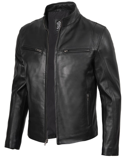 fjackets Leather Black Jacket Men - Real Lambskin Clinton Black Leather Jackets For Men's | [1100442] S