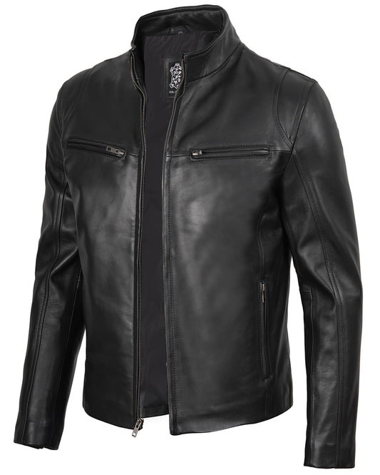 fjackets Leather Black Jacket Men - Real Lambskin Clinton Black Leather Jackets For Men's | [1100446] 2XL