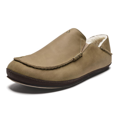 OLUKAI Moloa Slipper, Men's Premium Leather Slip-On Shoes, Soft Genuine Shearling Lining & Gel Insert, Drop-In Heel & All-Day Comfort, Clay/Dk Java, 10
