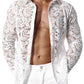 JOGAL Men's See Through Flower Lace Sheer Blouse Long Sleeve Button Down Shirts White XX-Large