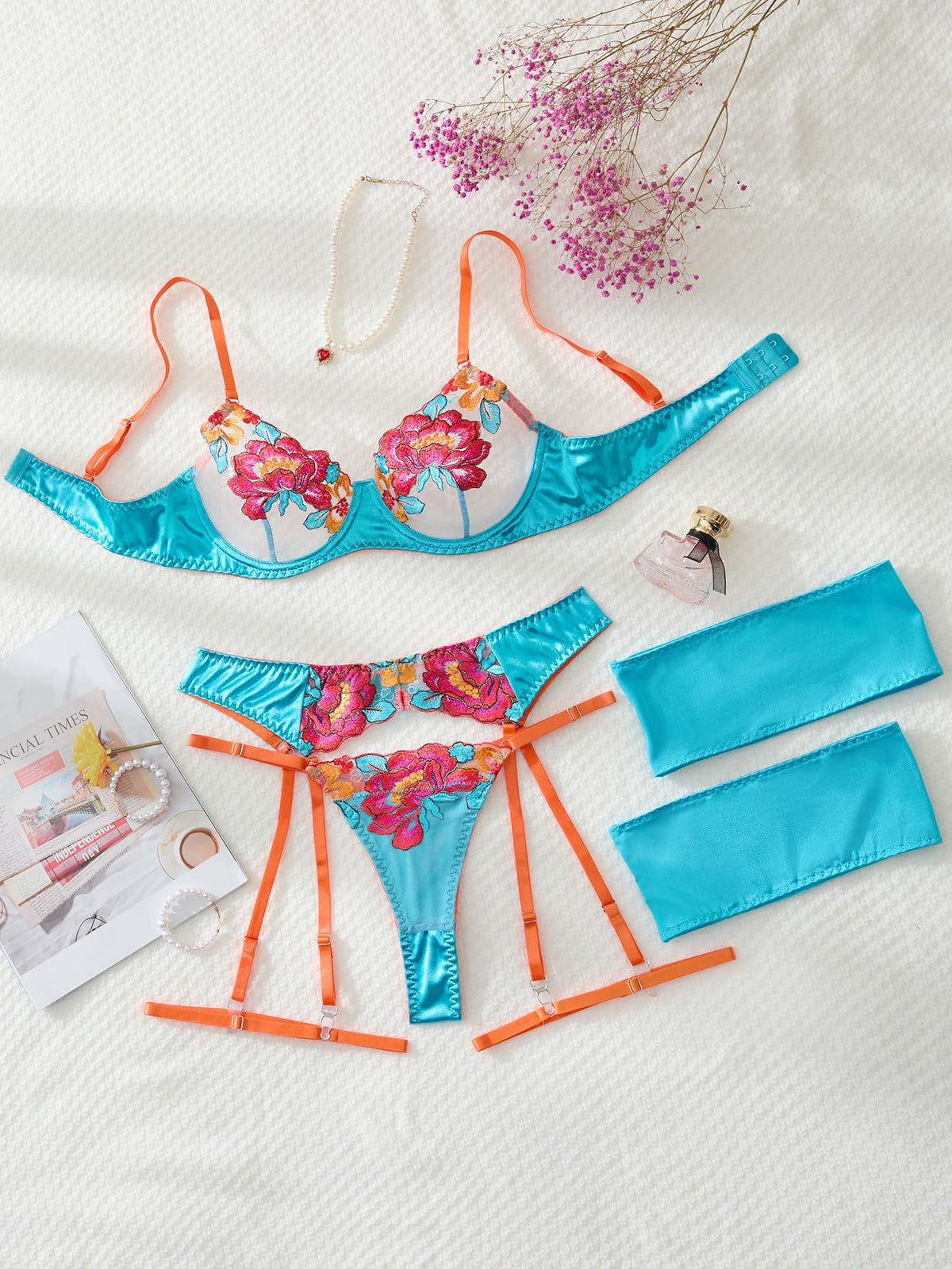 Sexy Lingerie Set 3 Piece Women Outfit Bra and Panty Flower Blue M