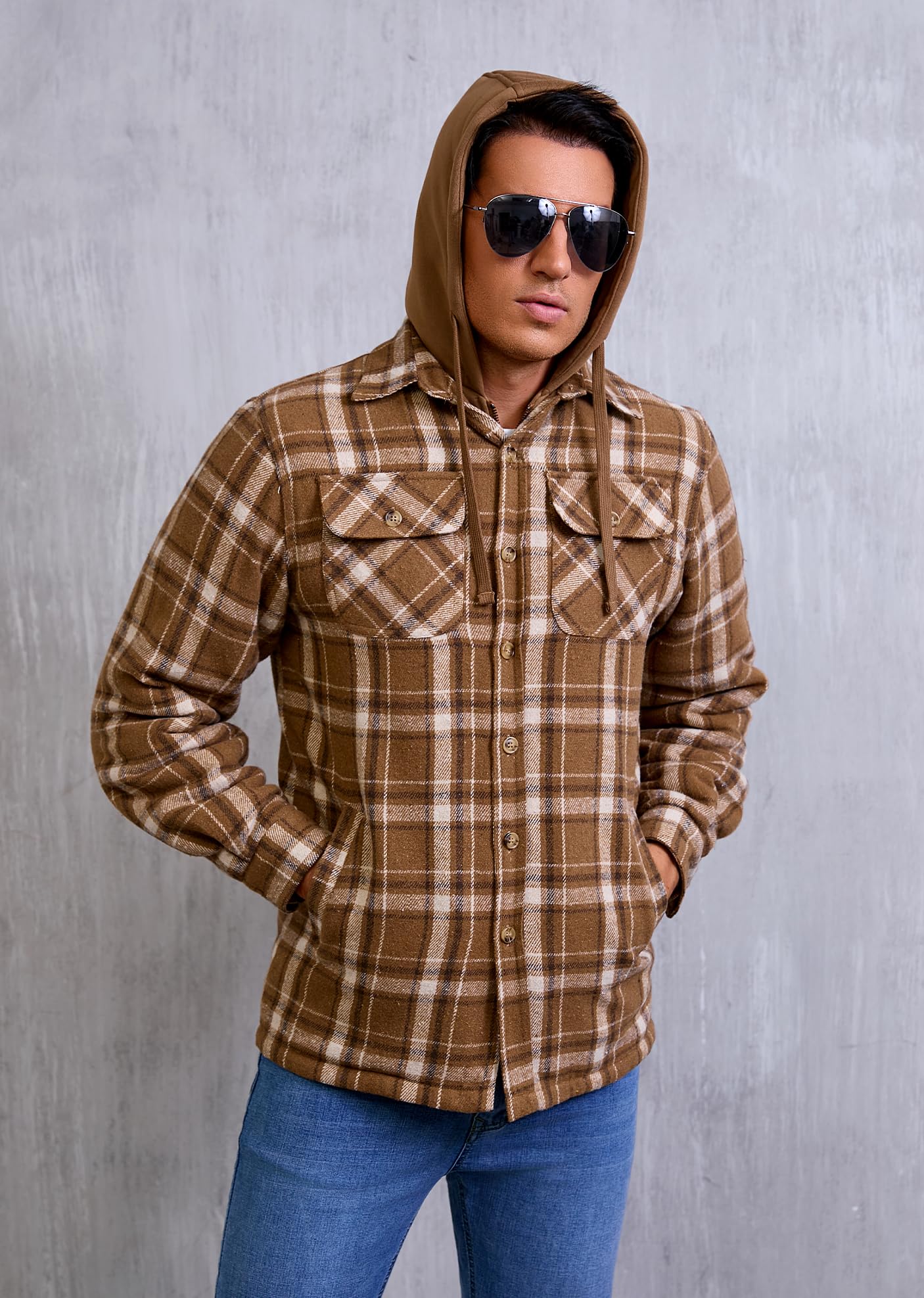 KOMANA Men's Zip Button Sherpa Plaid Flannel Shirt Jacket with Hood Brown Small