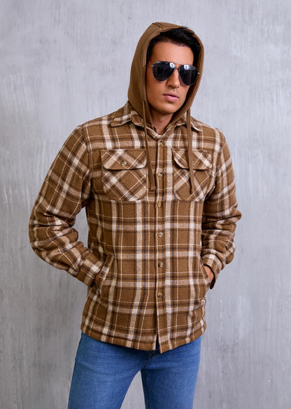 KOMANA Men's Zip Button Sherpa Plaid Flannel Shirt Jacket with Hood Brown Small