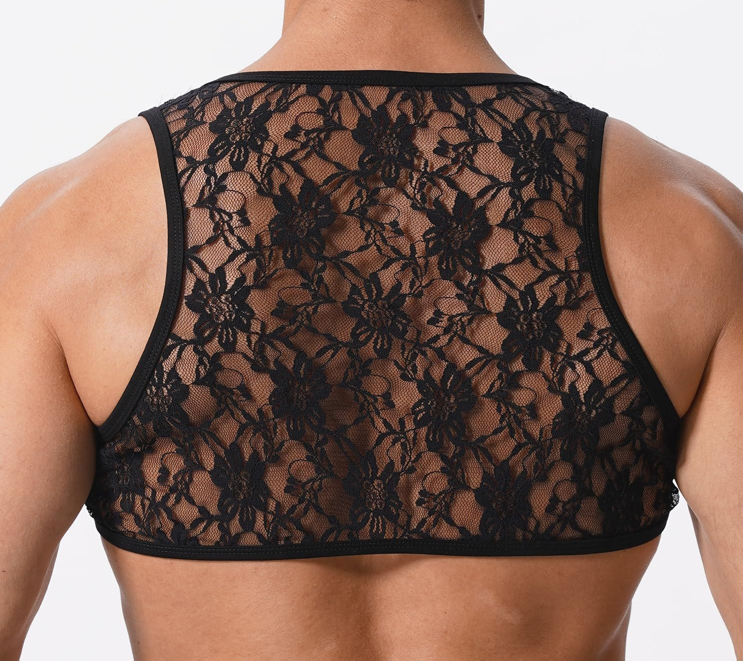 ABAFIP Men's Sissy Lace Muscle Tank Floral Crop Top Semi Transparent Sheer Mesh Vest Half Top Undershirt Black Large