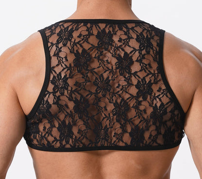 ABAFIP Men's Sissy Lace Muscle Tank Floral Crop Top Semi Transparent Sheer Mesh Vest Half Top Undershirt Black Large