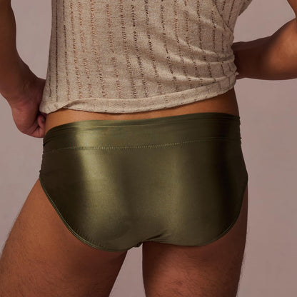 BSZN Men's Glossy Satin Briefs, Military Green Oil Slick Coated Underwear, Ruched Waistband Mid Rise Tight Fit, Waterproof Stain Resistant Sailor's Log Collection