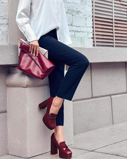 Womens Platform Heels Loafers Chunky High Heel Closed Toe Patent Leather Shoes Penny Loafer Business Dress Work Pumps Burgundy